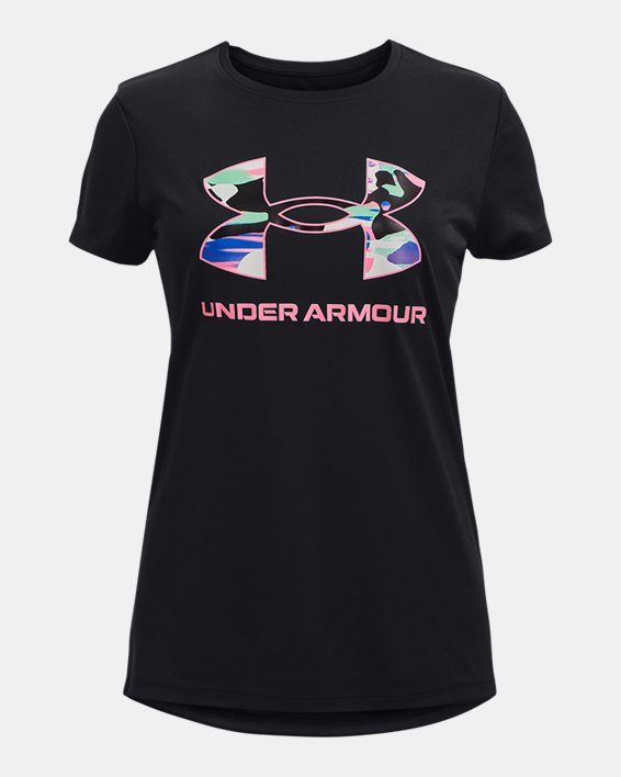 เสื้อแขนสั้น UA Tech™ Solid Print Big Logo สำหรับเด็กผู้หญิง in Black image number 0